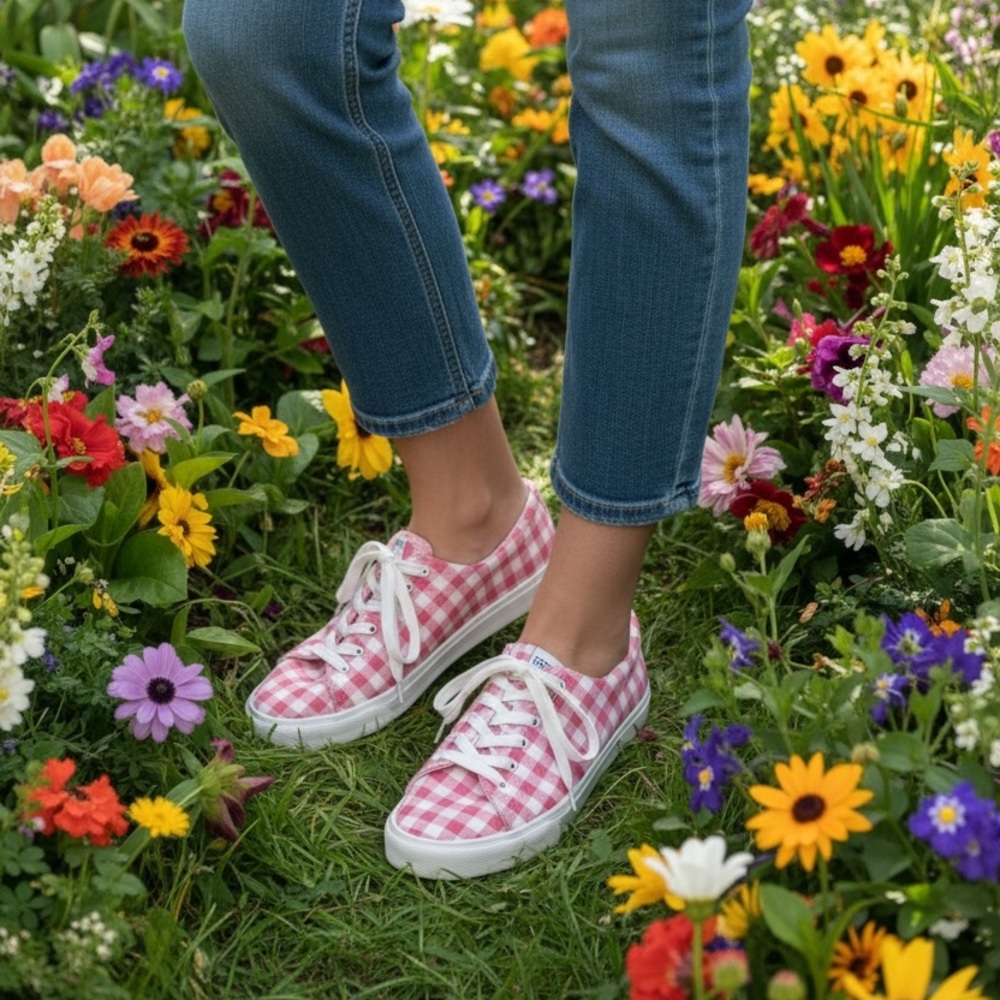 J. Crew Sneakers in Pink and White Check
